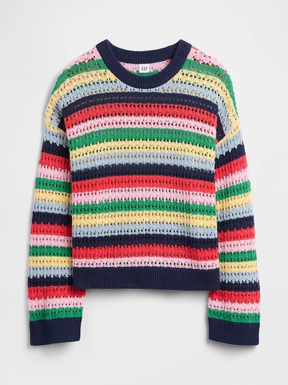 GAP Navy Multicolor Striped Open-Knit Crochet Crew Sweater